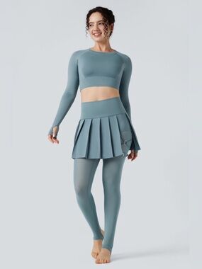 Pleated 2-in-1 Contrast Mesh Quick Dry Dance Stirrup Skirted Leggings 7/8